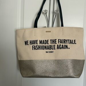 Kate Spade & Disney Beige and Gold Glitter Canvas Tote with Black Text